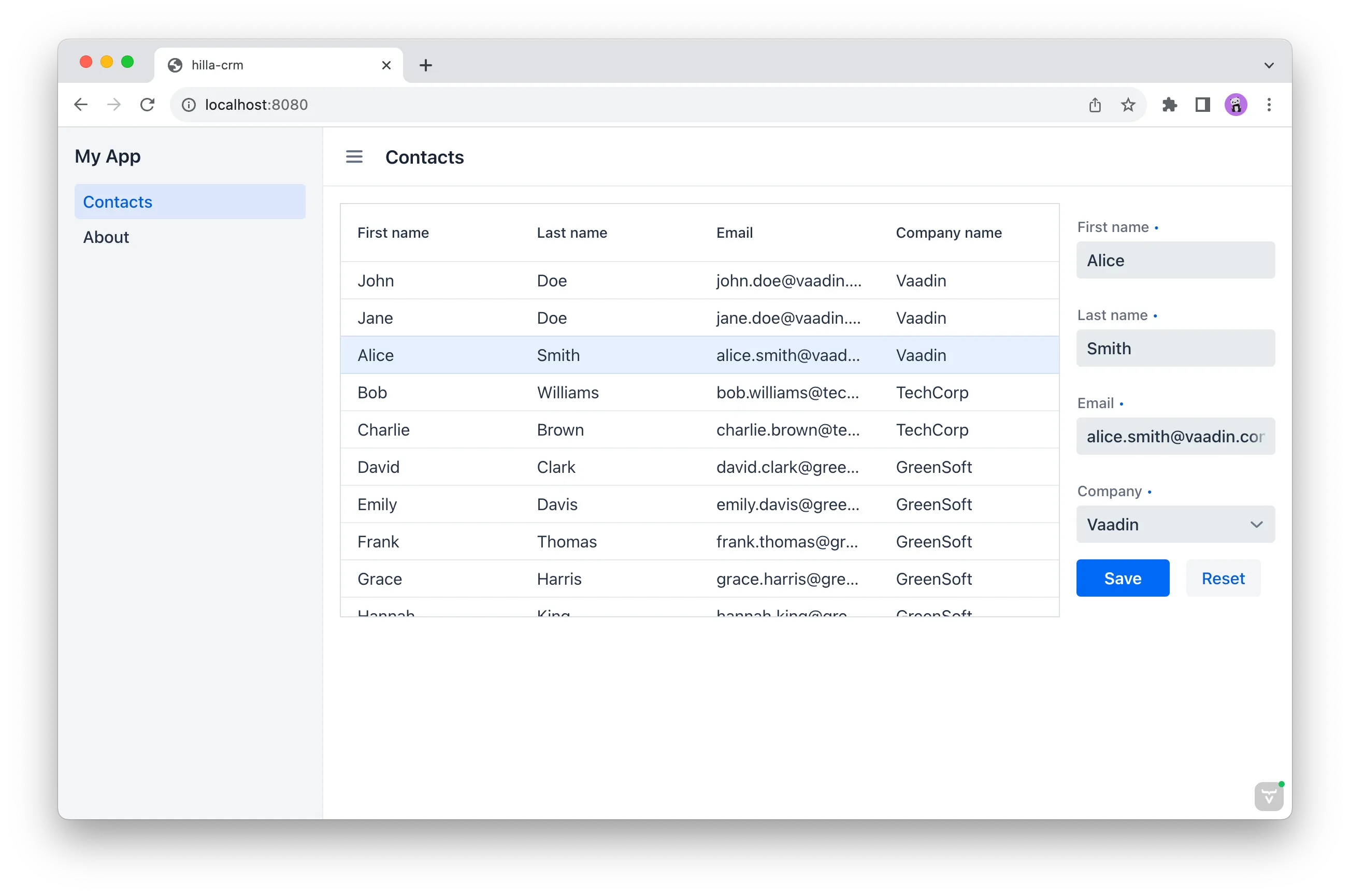 The completed application has a data grid and a form.