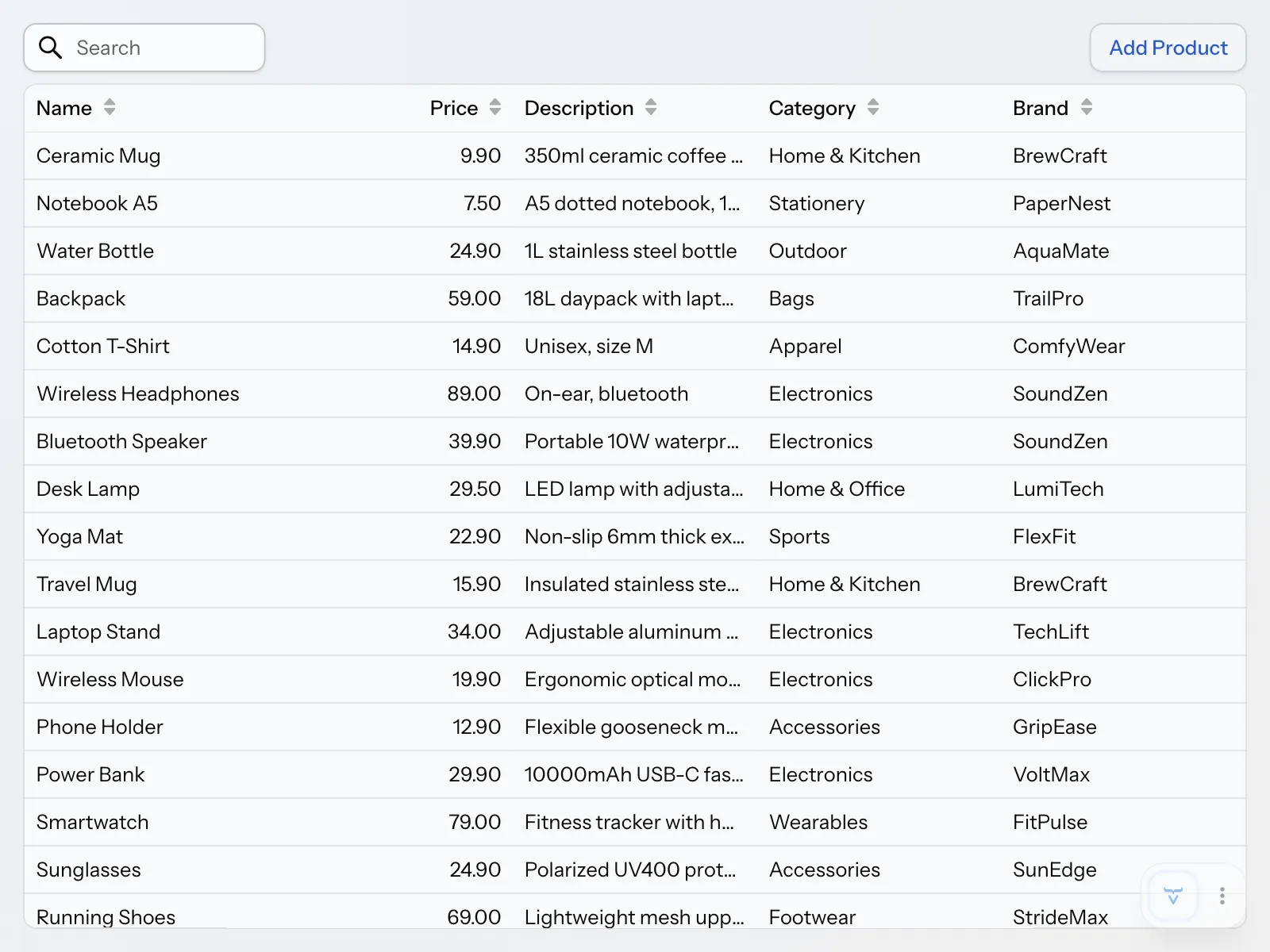 The product catalog view with an Add Product button in the top-right corner