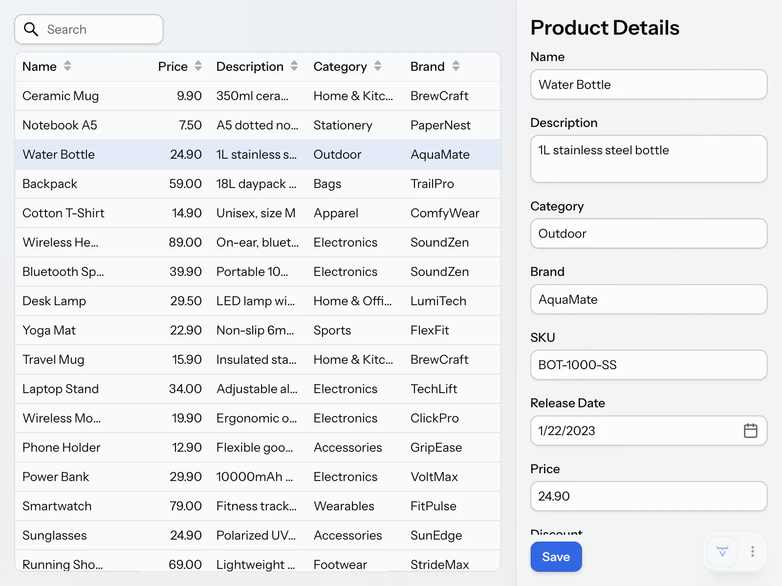 The finished product catalog with a sortable grid