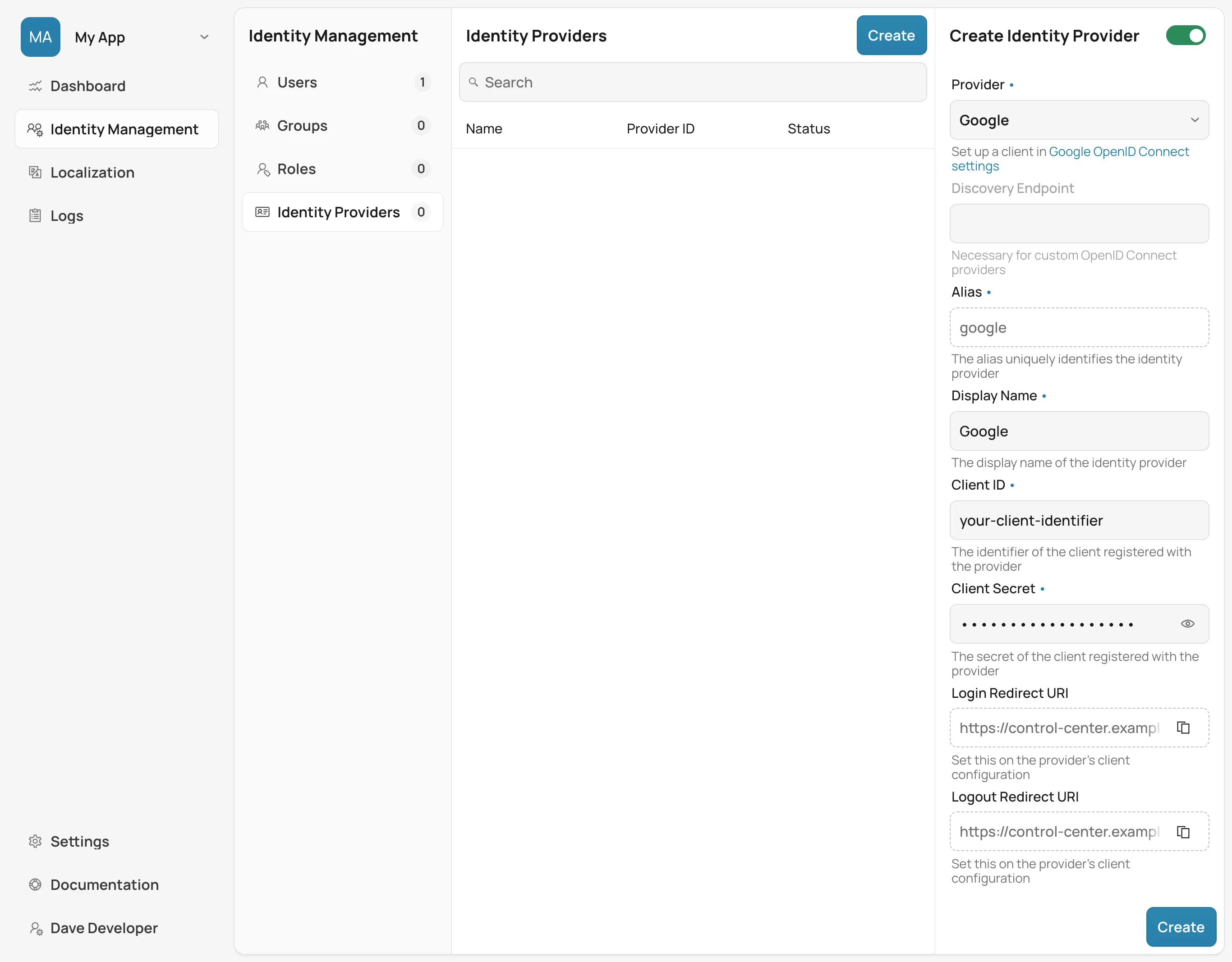 Create Identity Provider Form