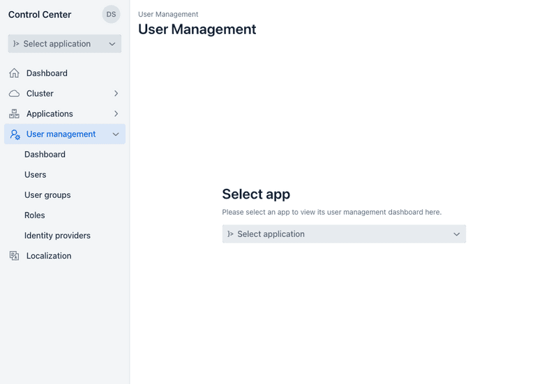 User management screen with no application selected