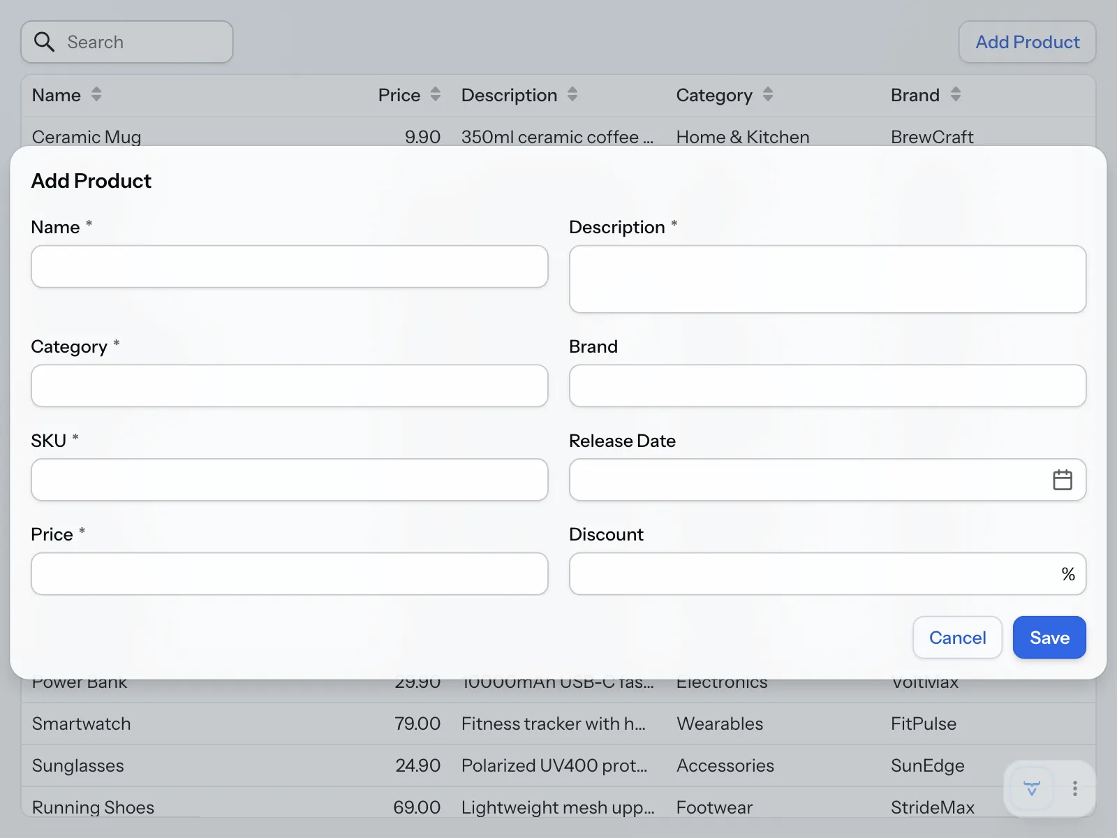 The Add Product dialog