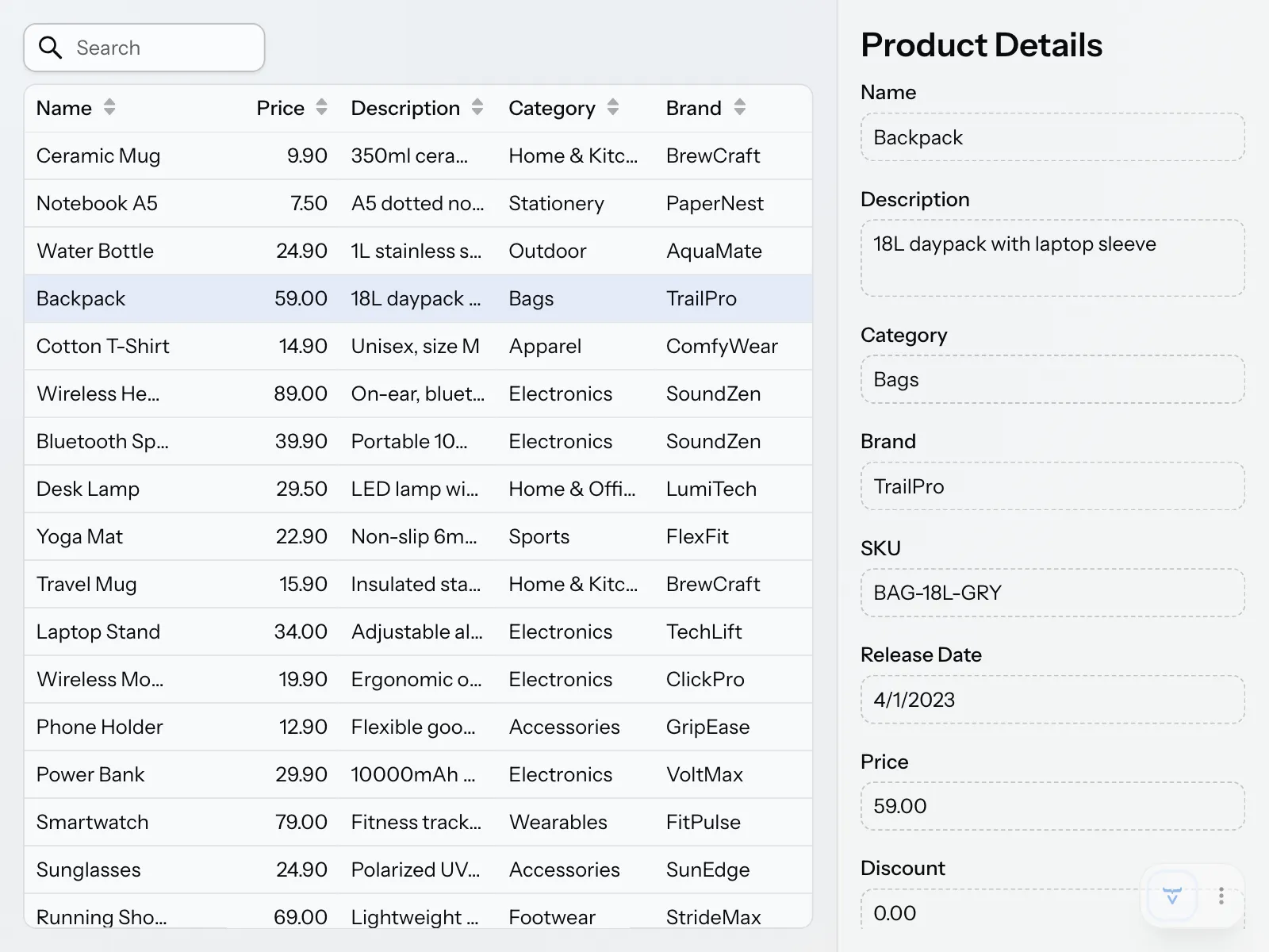 The product drawer with data
