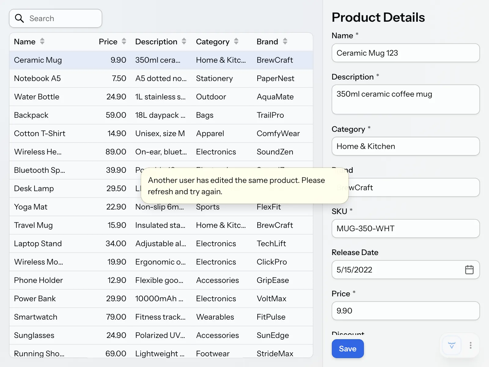 The product drawer with an optimistic locking error notification visible