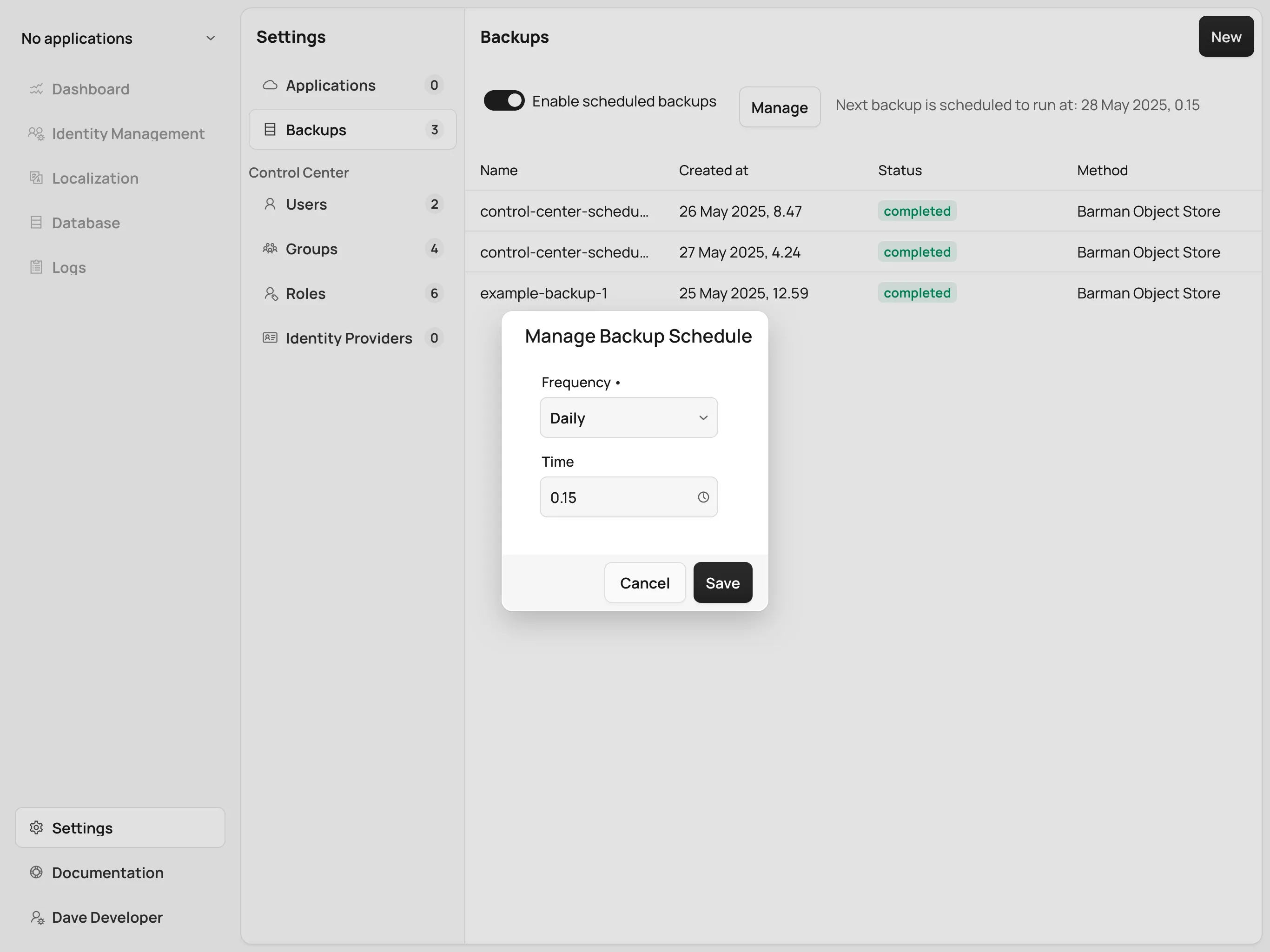 Backups schedule dialog
