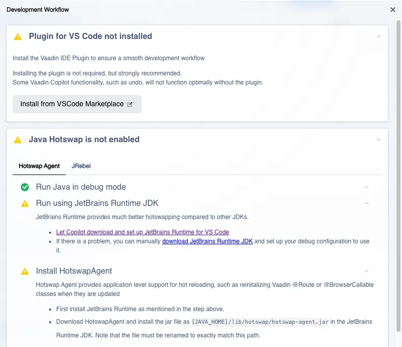 Vaadin Copilot development workflow dialog